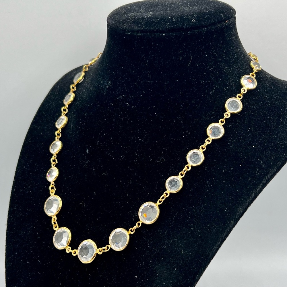 Vintage crystal bead necklace gold bezel set 16” clear jewels beautiful